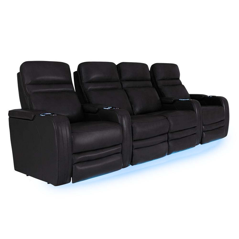 RowOne Cortes Black Leather 4 Chair Straight Row with Loveseat Motorized - RowOne-RO8050-R4LSH-BLK