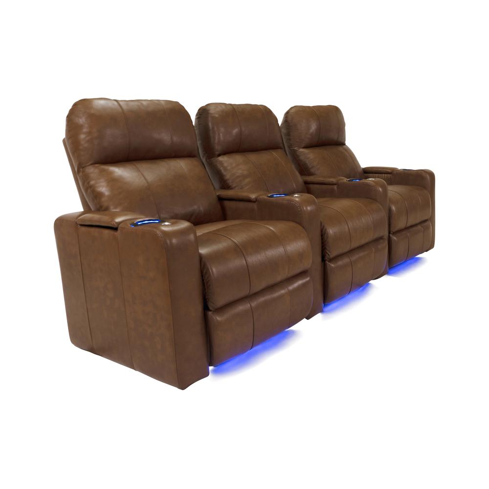 RowOne Prestige Brown Leather 3 Chair Straight Row Motorized - RowOne-RO8016-R3CP-BWN