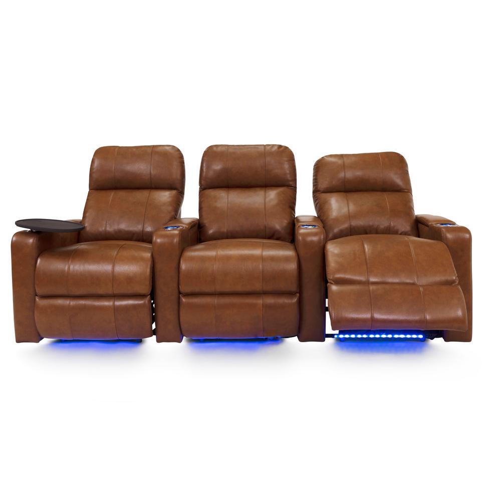 RowOne Prestige Brown Leather 3 Chair Straight Row Motorized - RowOne-RO8016-R3CP-BWN