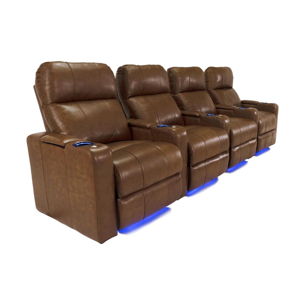 RowOne Prestige Brown Leather 4 Chair Straight Row Motorized - RowOne-RO8016-R4CP-BWN