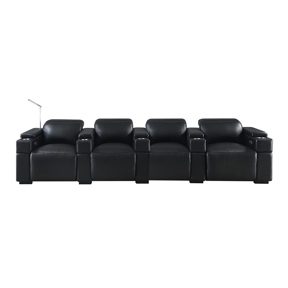 RowOne Calveri Black Leather 4 Chair Straight Row with Loveseat Power Recline - RowOne-RO9010-R4LSH-BLK