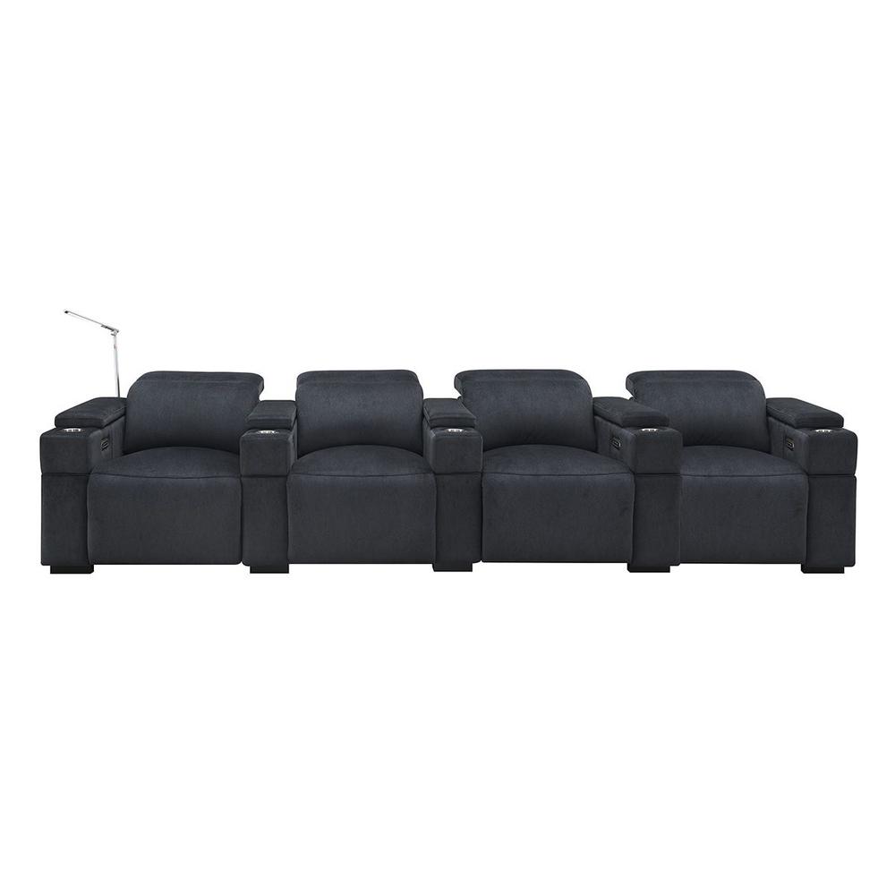 RowOne Calveri Microfiber Fabric 4 Chair Straight Row with Loveseat Power Recline - Charcoal - RowOne-RO9010-R4LSH-CHARCOAL-FABRIC